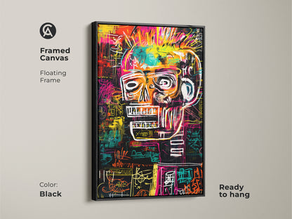 Framed canvas featuring a skull artwork with a black floating frame. This ready-to-hang piece adds a touch of modern art to your home. The black frame enhances the artwork's vibrant colors and intricate details. It's a stylish and hassle-free decor choice.