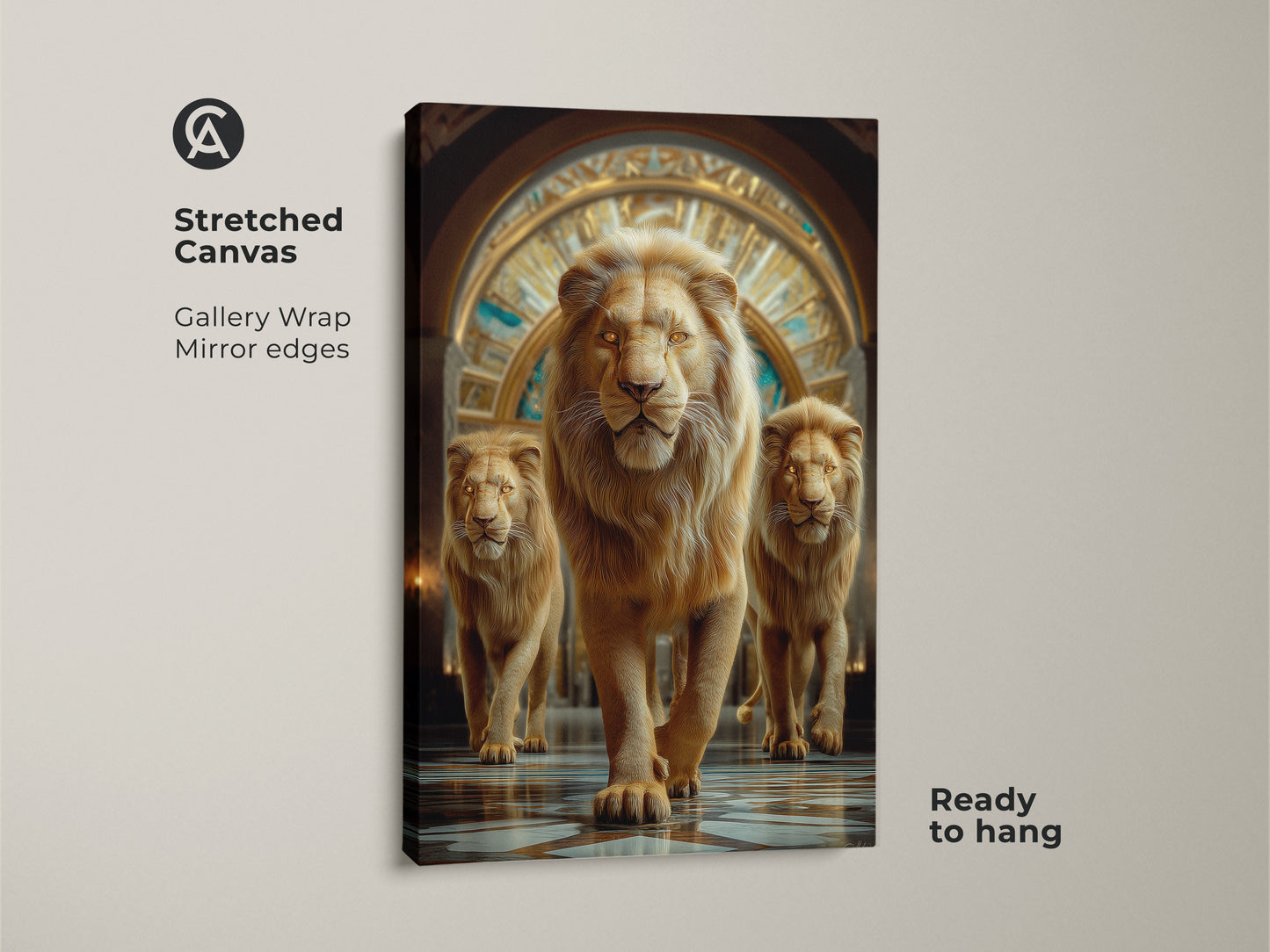 This is a stretched canvas gallery wrap of photorealistic golden lions. The mirror edges make this amber tone wildlife art ready to hang. It's an ideal wall decor gift for animal lovers. Perfect for eclectic home styles.