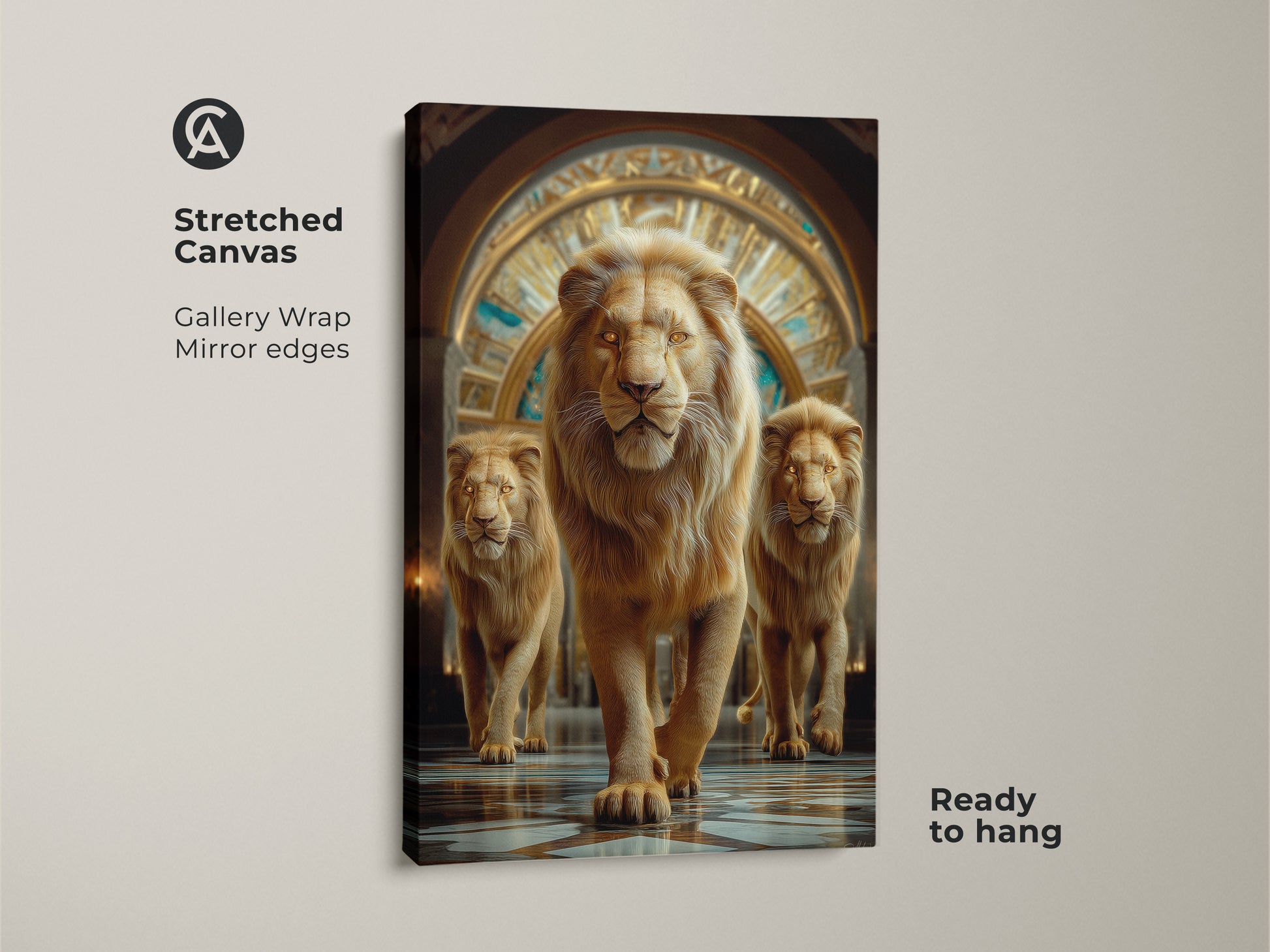 This is a stretched canvas gallery wrap of photorealistic golden lions. The mirror edges make this amber tone wildlife art ready to hang. It's an ideal wall decor gift for animal lovers. Perfect for eclectic home styles.