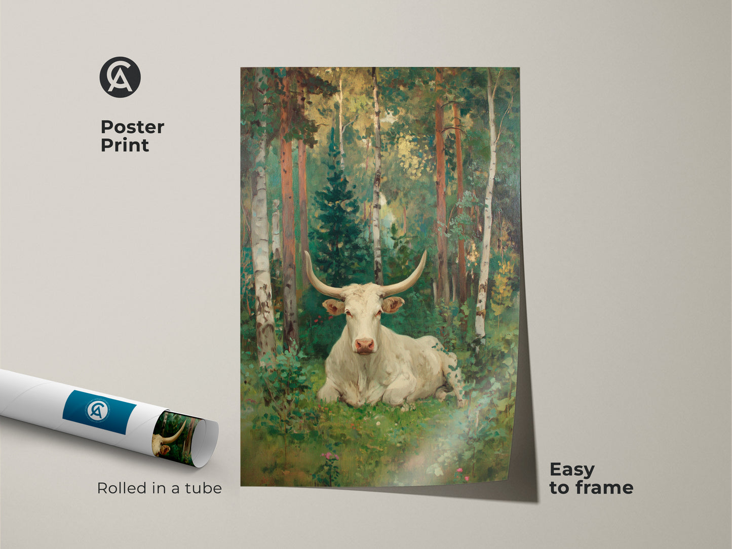 A poster print displays an oil painting of a white longhorn bull in a forest. This museum-quality paper art comes rolled in a tube for easy framing. Perfect wall decor for a touch of pastoral beauty.