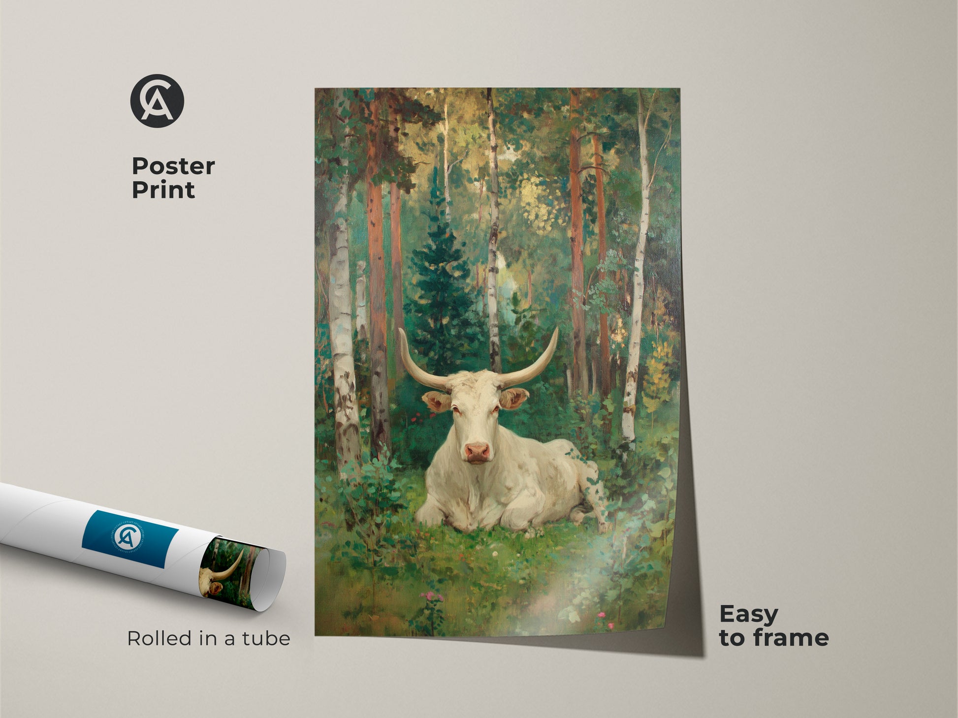 A poster print displays an oil painting of a white longhorn bull in a forest. This museum-quality paper art comes rolled in a tube for easy framing. Perfect wall decor for a touch of pastoral beauty.