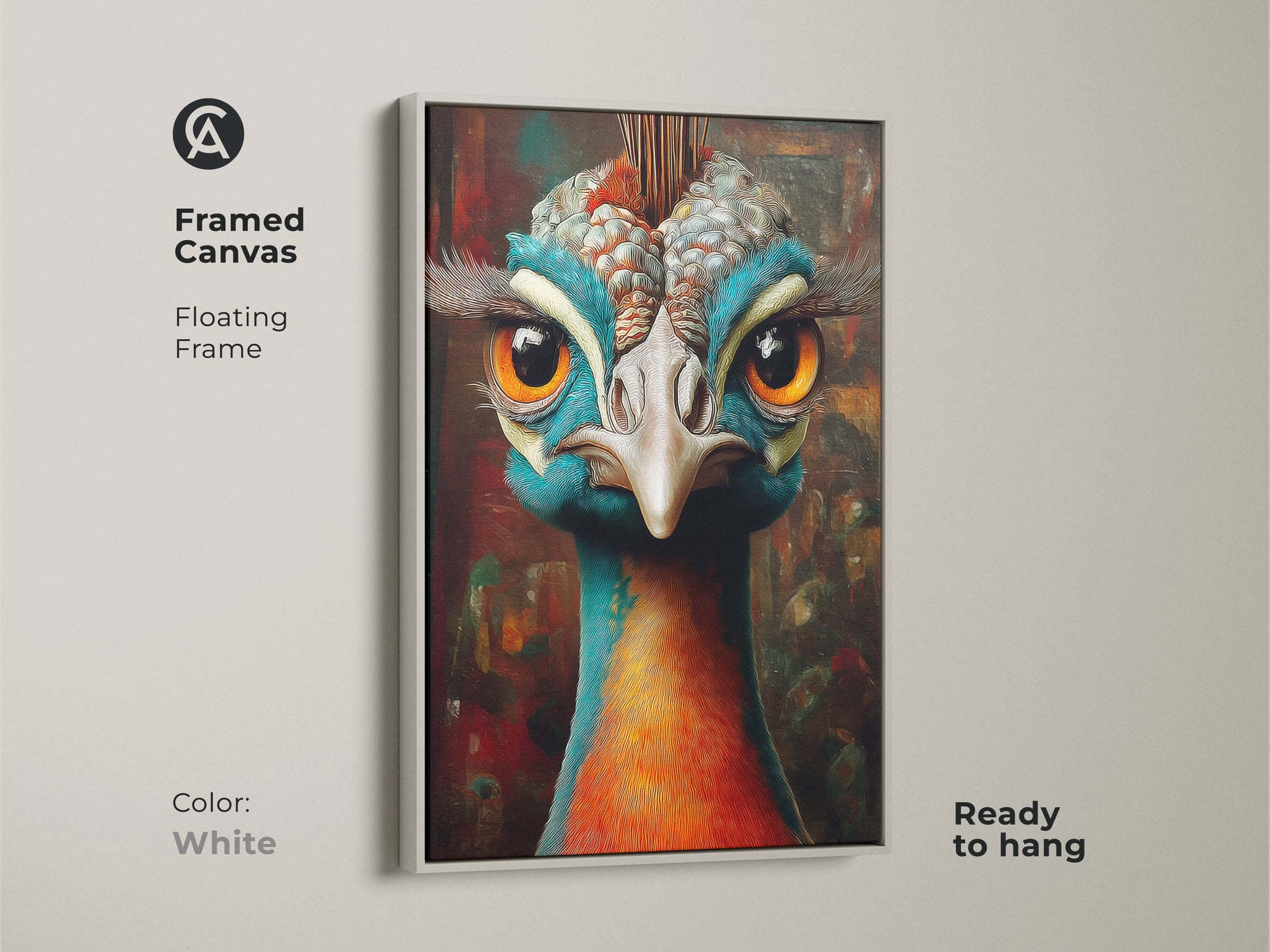 Framed fantasy peacock canvas art with a white floating frame. Ready to hang. The teal orange bird print brings an eclectic style to modern homes. Consider this for your home today.