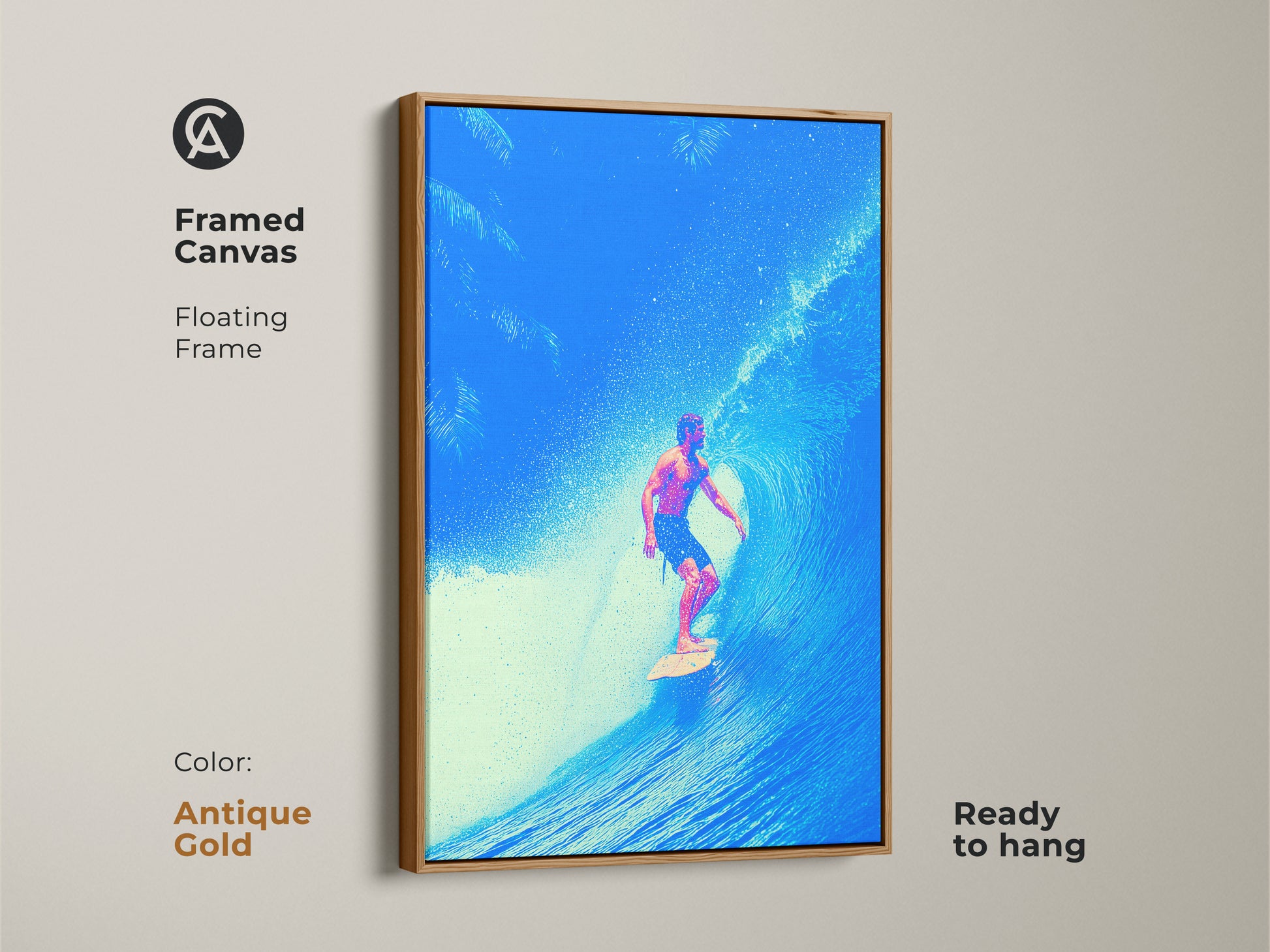 This framed canvas art with an antique gold floating frame displays surfer riding an aqua wave. See subtle palm tree art. Ready to hang coastal art to add a modern beach vibe. Perfect bedroom wall decor ocean.