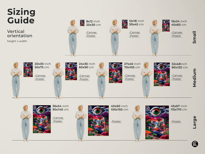 Sizing guide for vertical Eye See You art prints. Available in small medium and large sizes. Choose from canvas or poster prints to fit your space. Find the perfect fit for your wall decor and bring this psychedelic mushroom landscape home.
