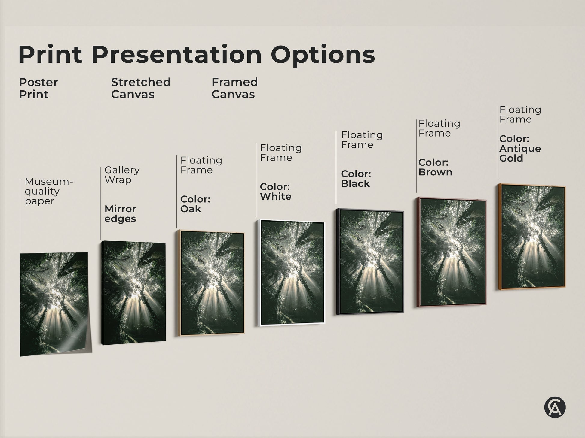 Print presentation options for emerald forest artwork. Choose from poster print stretched canvas or framed canvas. Floating frames available in black brown antique gold oak and white. Find the perfect style.