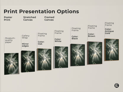 Print presentation options for emerald forest artwork. Choose from poster print stretched canvas or framed canvas. Floating frames available in black brown antique gold oak and white. Find the perfect style.