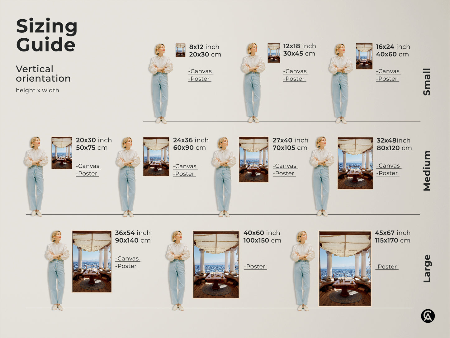 Sizing Guide for Vertical orientation of height x width artwork. Canvas and Poster options available in Small Medium and Large sizes. Mediterranean Ocean View Wall Art for Study Room.