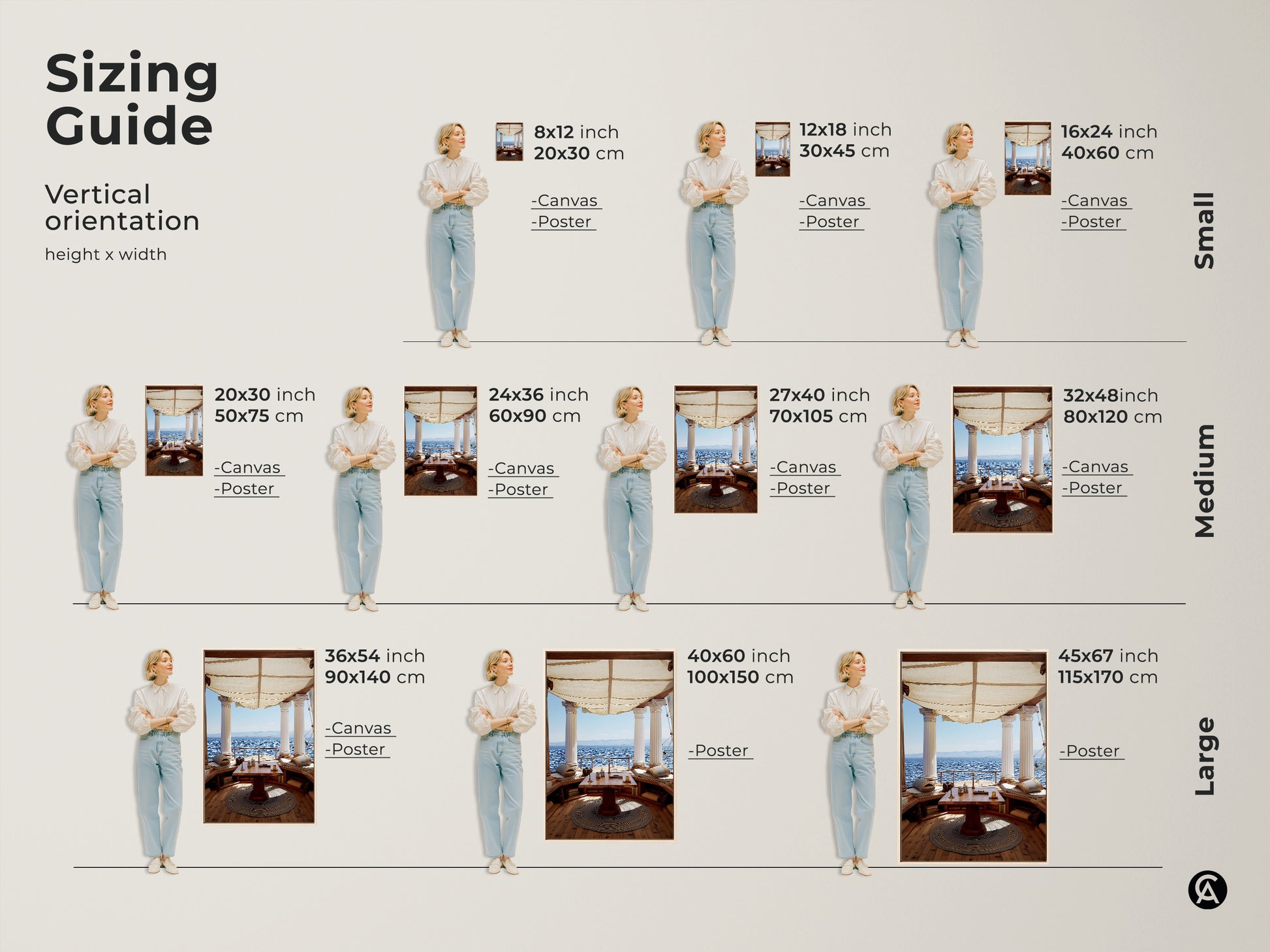 Sizing Guide for Vertical orientation of height x width artwork. Canvas and Poster options available in Small Medium and Large sizes. Mediterranean Ocean View Wall Art for Study Room.
