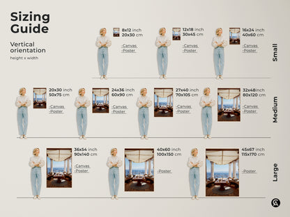 Sizing Guide for Vertical orientation of height x width artwork. Canvas and Poster options available in Small Medium and Large sizes. Mediterranean Ocean View Wall Art for Study Room.