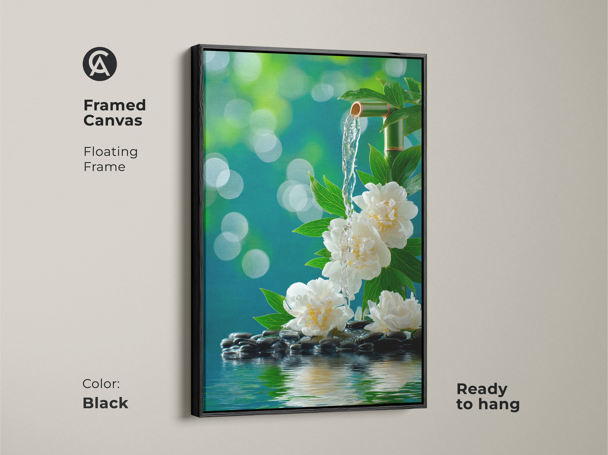 This framed canvas presents zen artwork. The floating black frame adds a touch of elegance. Ready to hang this piece features white peonies a bamboo fountain and water flowing over stones. This framed art creates a soothing atmosphere.