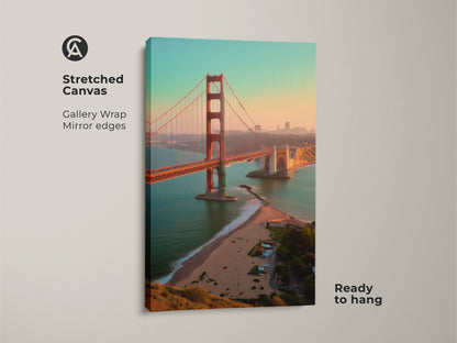 Stretched canvas of the Golden Gate Bridge. Gallery wrapped with mirror edges. Ready to hang San Francisco skyline print. Orange yellow teal wall art adds a modern touch.