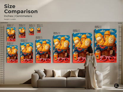 Size comparison of the pop art bread basket artwork. See how the canvas and poster prints fit in different room sizes. Multiple sizes allow you to personalize your kitchen or cafe decor. Perfect for adding a pop of retro color to any space. Get your surreal food artwork now.