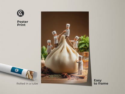 Poster print showcasing miniature chefs and a giant dumpling. This charming food-themed poster is easy to frame. It adds a unique accent to your kitchen or dining area. The artwork is rolled in a protective tube. This unique poster print brings a touch of culinary whimsy to your wall art collection.