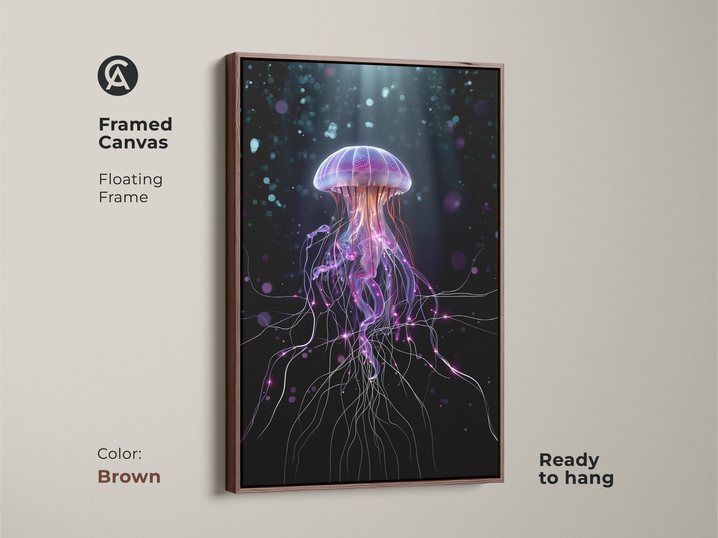 Framed canvas showcasing a surreal jellyfish. A brown floating frame complements this purple and teal ocean life artwork. This contemporary digital art adds abstract fantasy to your bedroom. Ready to hang for unique home decor.