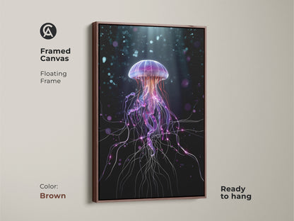 Framed canvas showcasing a surreal jellyfish. A brown floating frame complements this purple and teal ocean life artwork. This contemporary digital art adds abstract fantasy to your bedroom. Ready to hang for unique home decor.