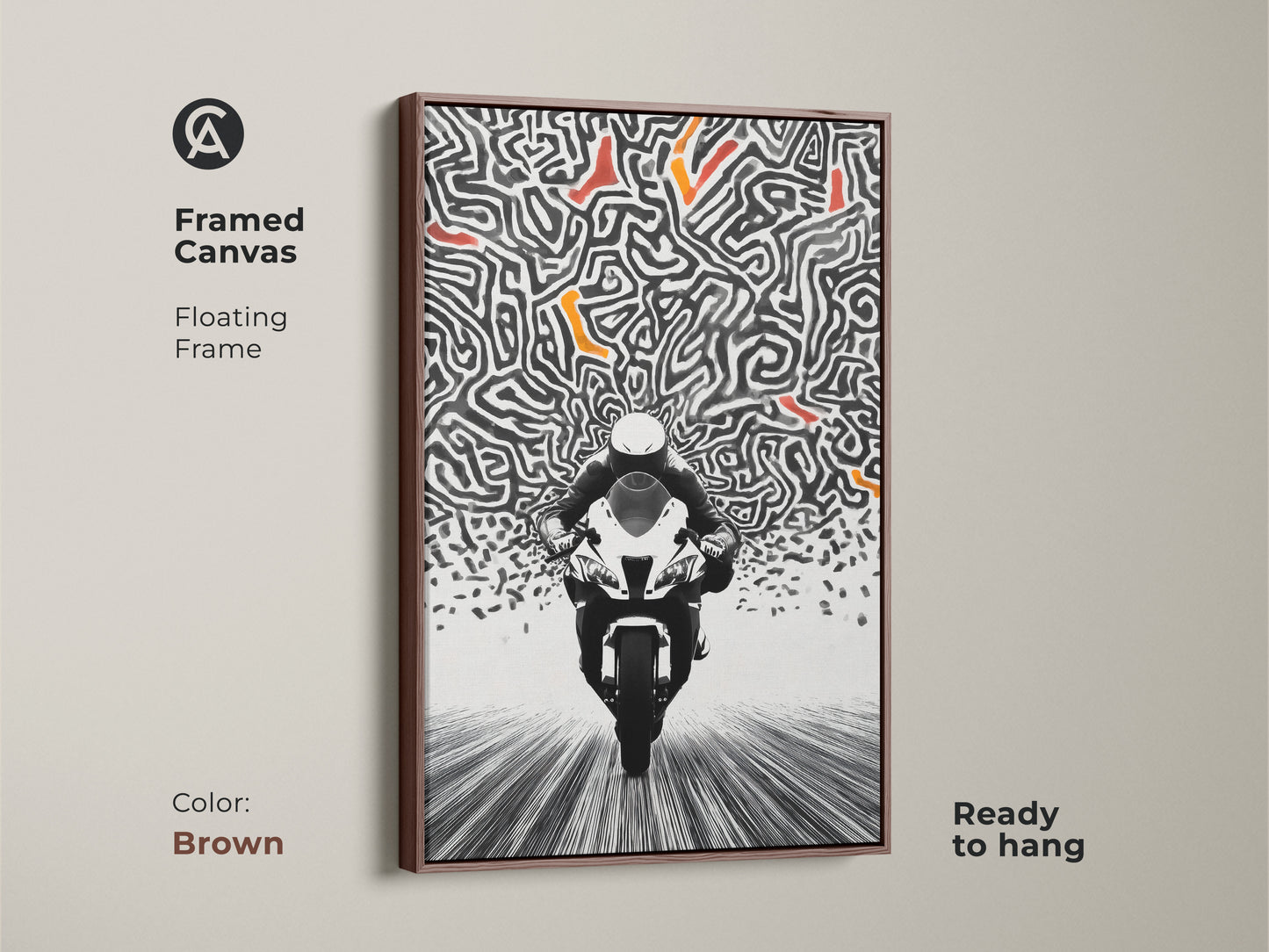 Showcasing a framed canvas with a brown floating frame. This abstract motorcycle art piece is a bold statement. The speed maze canvas print will catch the eye. Ready to hang this artwork brings a modern touch to any room. Perfect for a man cave or office.
