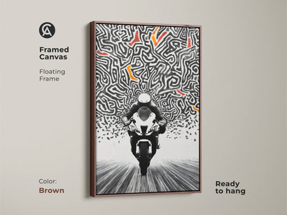 Showcasing a framed canvas with a brown floating frame. This abstract motorcycle art piece is a bold statement. The speed maze canvas print will catch the eye. Ready to hang this artwork brings a modern touch to any room. Perfect for a man cave or office.