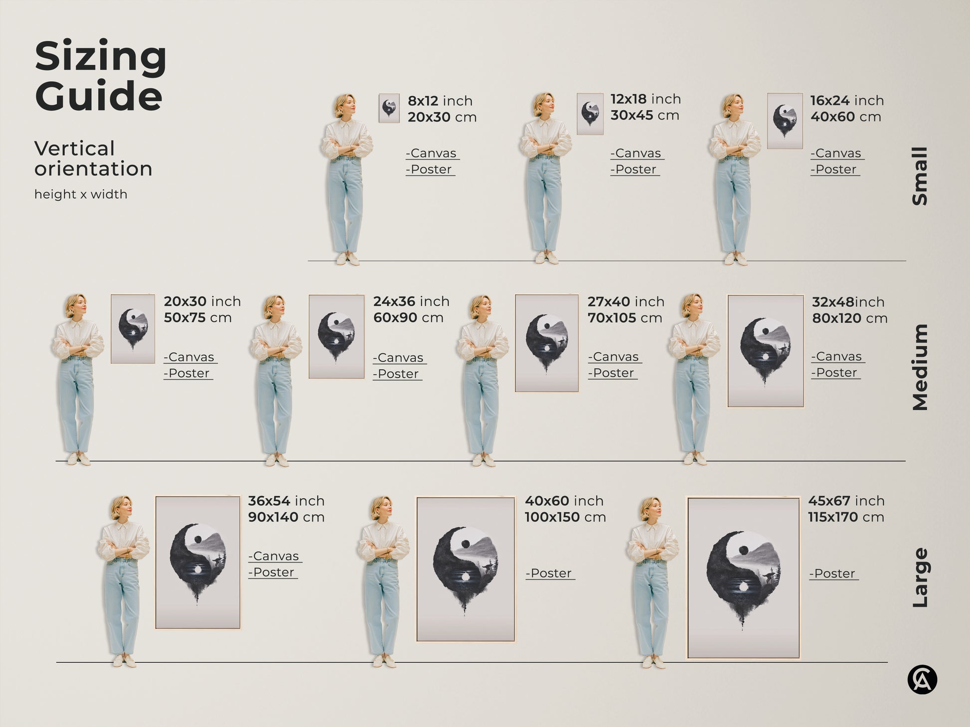 Sizing Guide shows vertical Yin Yang Wolf art. Options range from small to large canvas and poster sizes. Find the perfect scale for your wall. Enhance your space with spiritual nature symbolism art.
