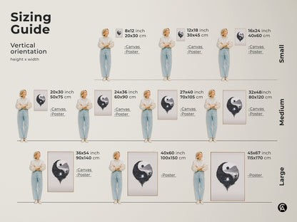 Sizing Guide shows vertical Yin Yang Wolf art. Options range from small to large canvas and poster sizes. Find the perfect scale for your wall. Enhance your space with spiritual nature symbolism art.