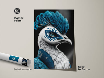 A poster print showcases an ornate peacock mask. The electric blue and white surreal artwork is easy to frame. This fantasy animal print is perfect for adding an eclectic touch to office wall decor.