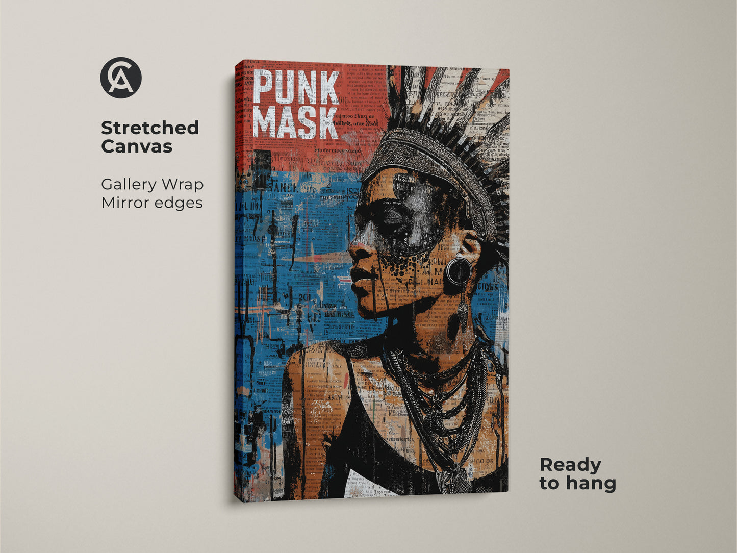 Stretched canvas print of a woman's urban portrait. The gallery wrap has mirrored edges making it ready to hang. This punk mask mixed media artwork features a headdress and collage elements. The black orange and blue art brings an eclectic touch to any room.