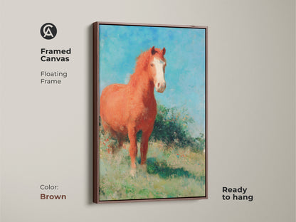 Framed canvas featuring an impressionist horse in a field with a brown floating frame. This colorful horse print is ready to hang. Perfect for equestrian bedroom decor. The rustic landscape print and blue sky nature art creates a serene atmosphere. A great gift for horse lovers.