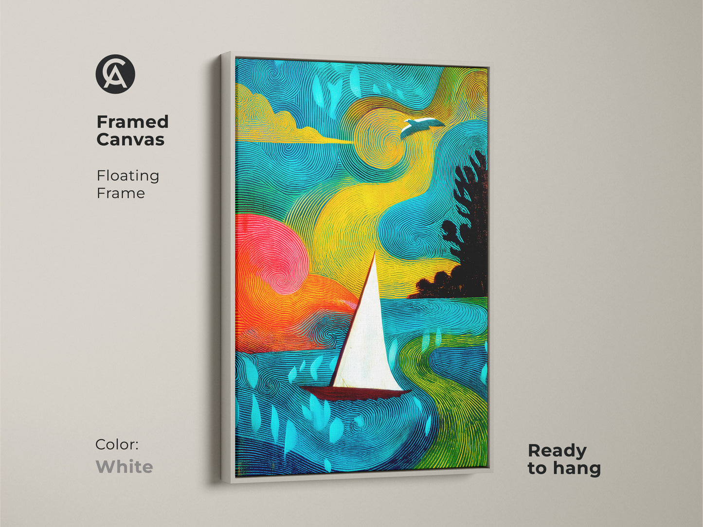Framed canvas artwork showing an abstract sailboat. The teal yellow green seascape adds a bohemian vibe. The white floating frame is ready to hang for coastal home decor. This unique canvas wall hanging is a great gift.