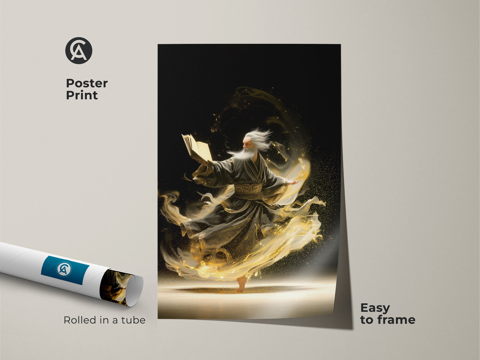 A poster print of an elderly man reading a magic book. The black and gold fantasy artwork showcases swirling golden energy. This surrealism digital art print comes rolled in a tube. It is easy to frame and makes a unique spiritual gift.