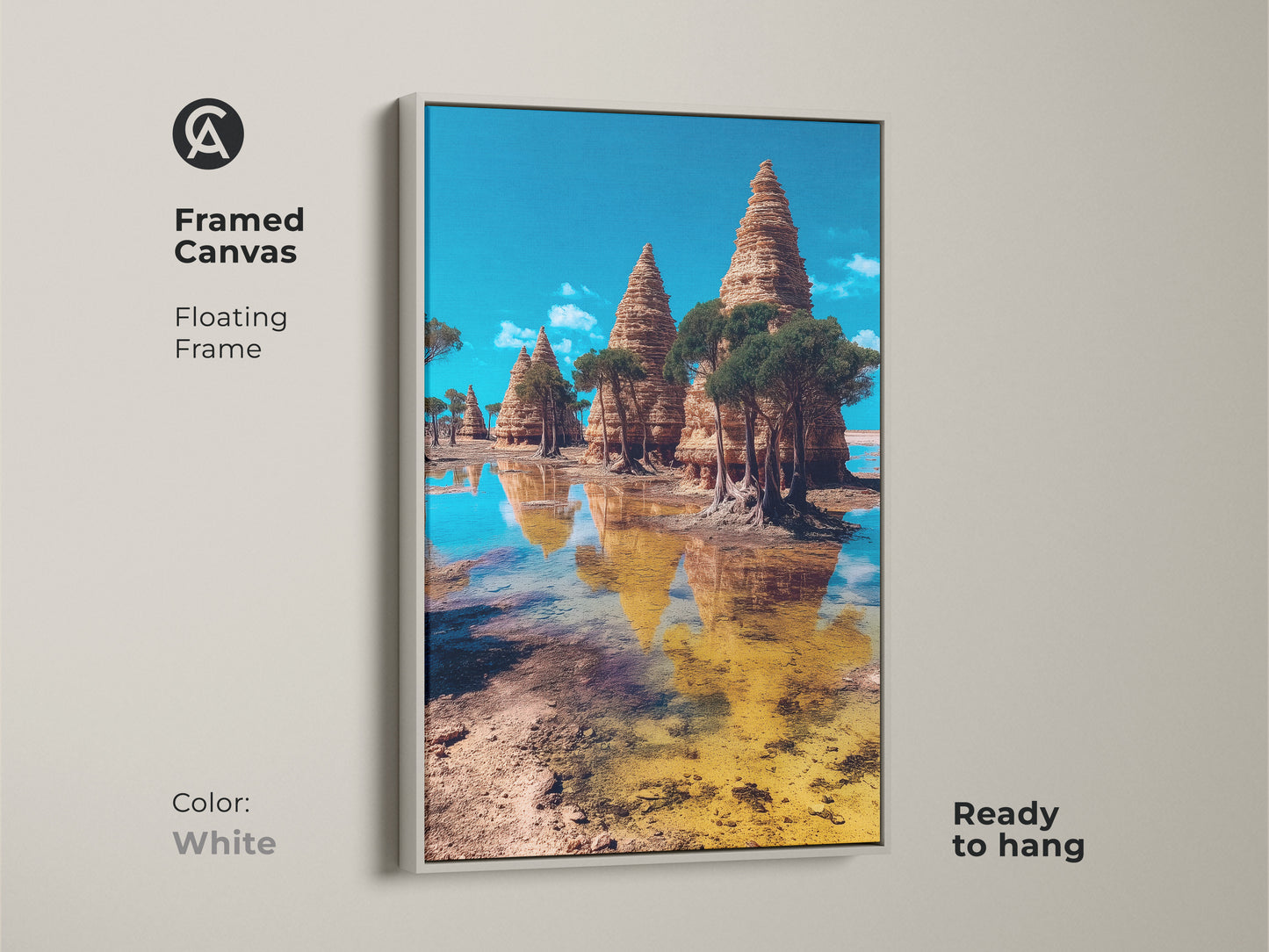 This white framed canvas shows a surreal temple landscape artwork. Eclectic wall art print in Art Nouveau travel style. The blue brown and yellow tones bring vibrancy to any room. This scenic temple art is a unique housewarming gift.