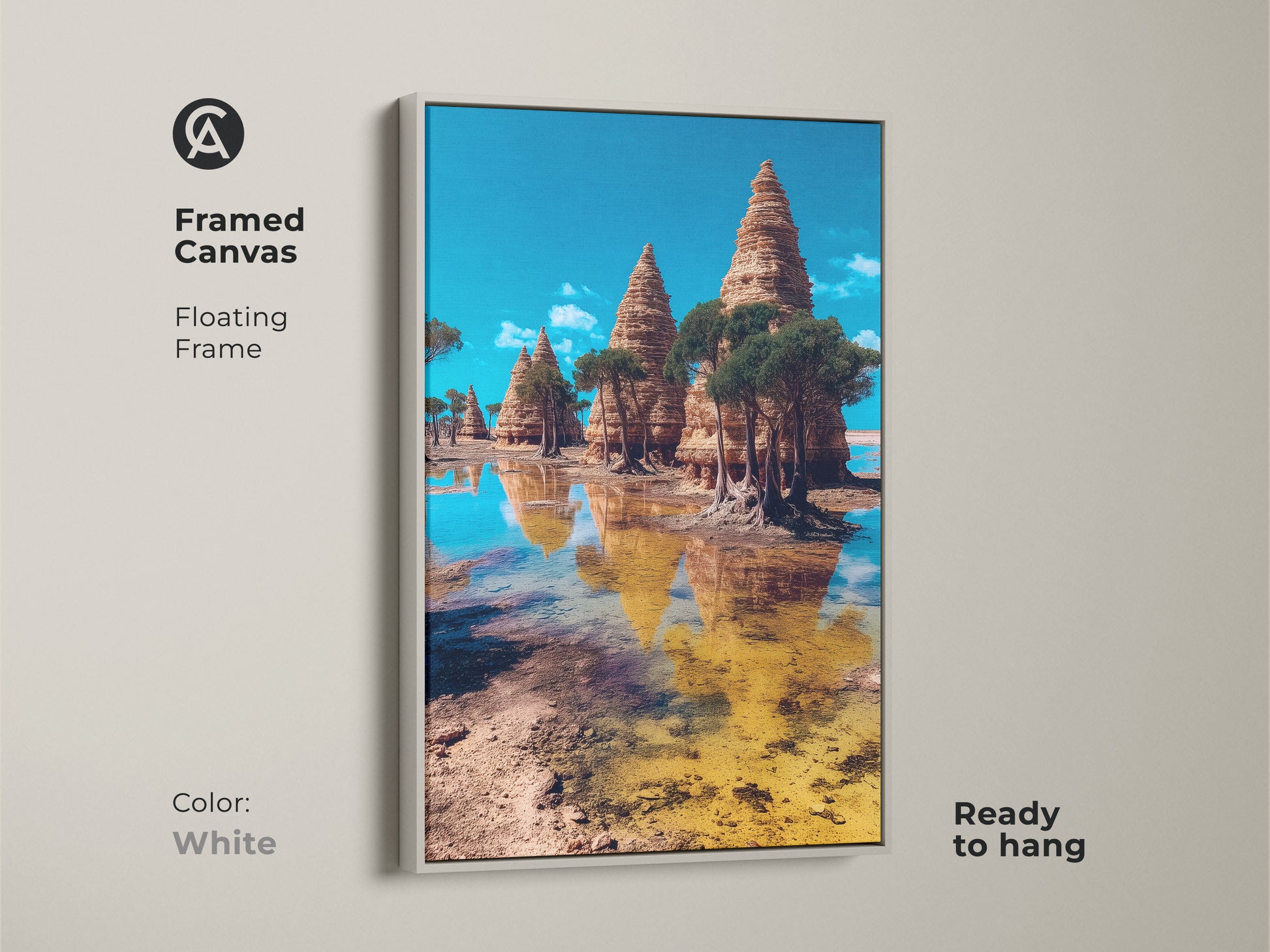 This white framed canvas shows a surreal temple landscape artwork. Eclectic wall art print in Art Nouveau travel style. The blue brown and yellow tones bring vibrancy to any room. This scenic temple art is a unique housewarming gift.
