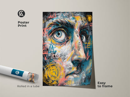 Poster print of abstract face art rolled in a tube. The artwork features a blue-toned face with colorful graffiti elements. Easy to frame this museum-quality poster for a stylish look. High-quality print on paper.