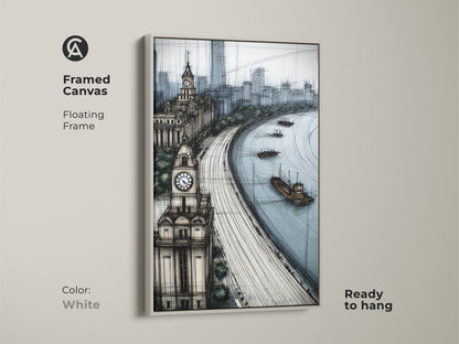 Framed canvas in white displays a blue gray cityscape sketch art print. The artwork features a river clock tower and modern architecture. This contemporary piece brings a travel inspired aesthetic. Ready to hang.
