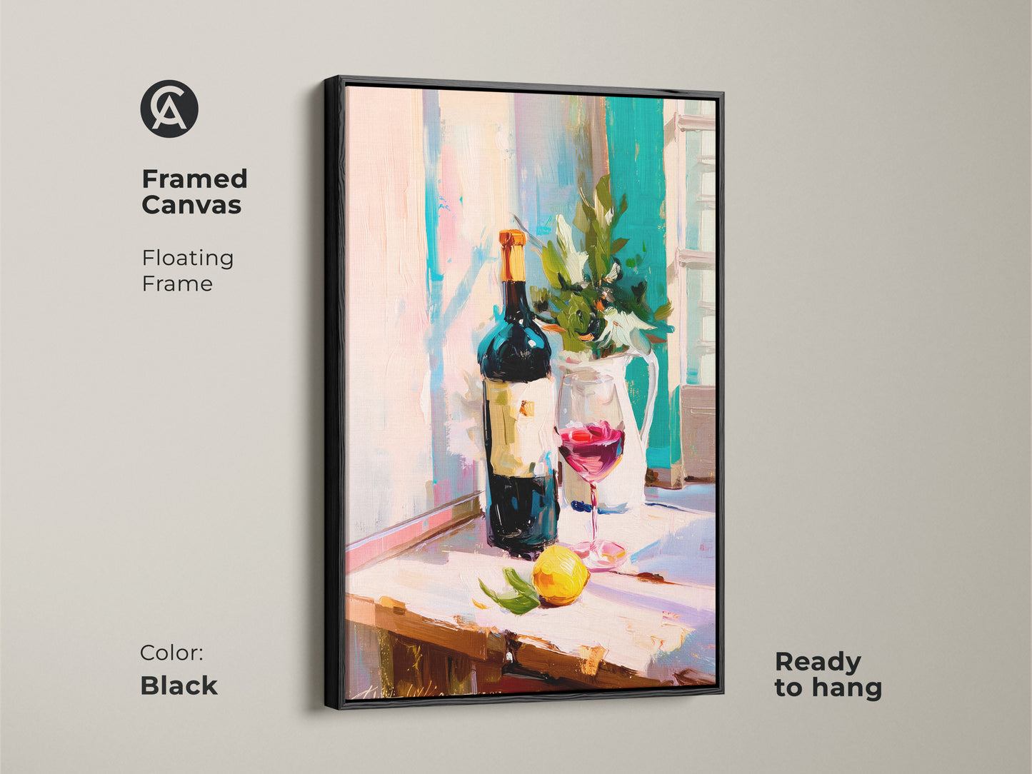 A framed canvas showcases impressionist wine art in a floating black frame. The red wine glass print is ready to hang. This kitchen wall art decor features a contemporary still life of a painterly wine bottle. This piece is a thoughtful housewarming gift art. It brings elegance to any bar area wall hanging. Perfect for food and drink artwork.