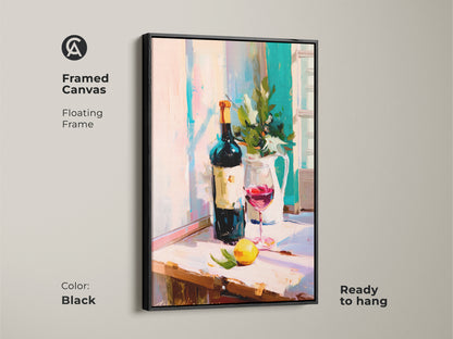 A framed canvas showcases impressionist wine art in a floating black frame. The red wine glass print is ready to hang. This kitchen wall art decor features a contemporary still life of a painterly wine bottle. This piece is a thoughtful housewarming gift art. It brings elegance to any bar area wall hanging. Perfect for food and drink artwork.