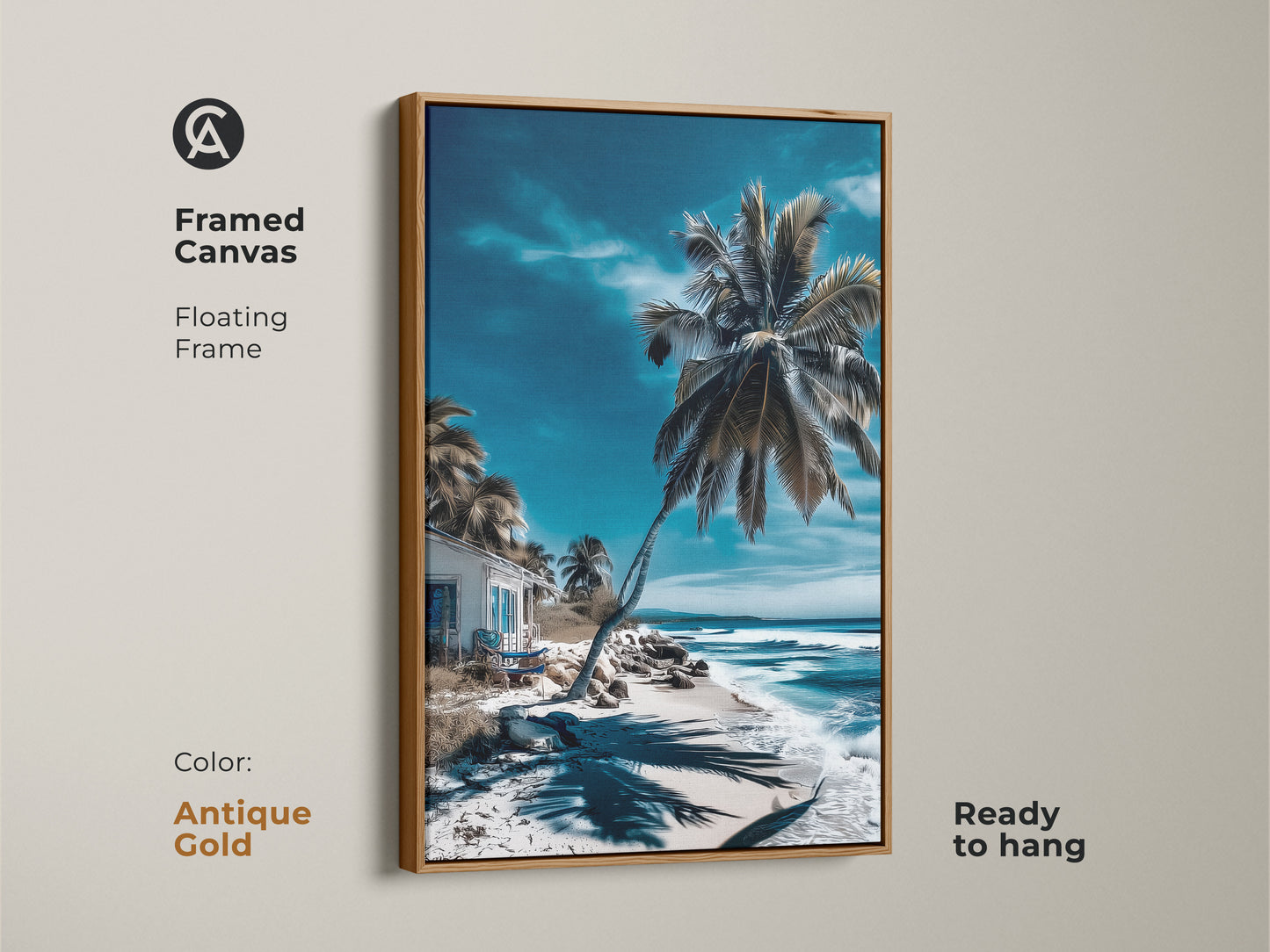 Framed canvas artwork with an antique gold floating frame. The beach scene features a palm tree and turquoise ocean. The artwork is ready to hang. This framed art adds coastal charm to any room.