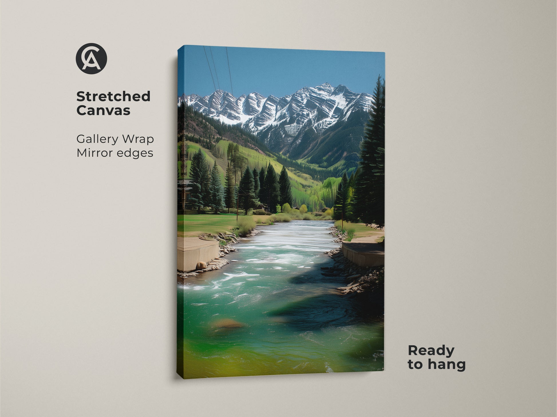 A stretched canvas print of a mountain river landscape. Gallery wrapped with mirror edges this snowy peaks artwork is ready to hang. The teal water art adds a rustic touch to your home decor.
