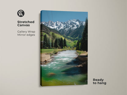 A stretched canvas print of a mountain river landscape. Gallery wrapped with mirror edges this snowy peaks artwork is ready to hang. The teal water art adds a rustic touch to your home decor.