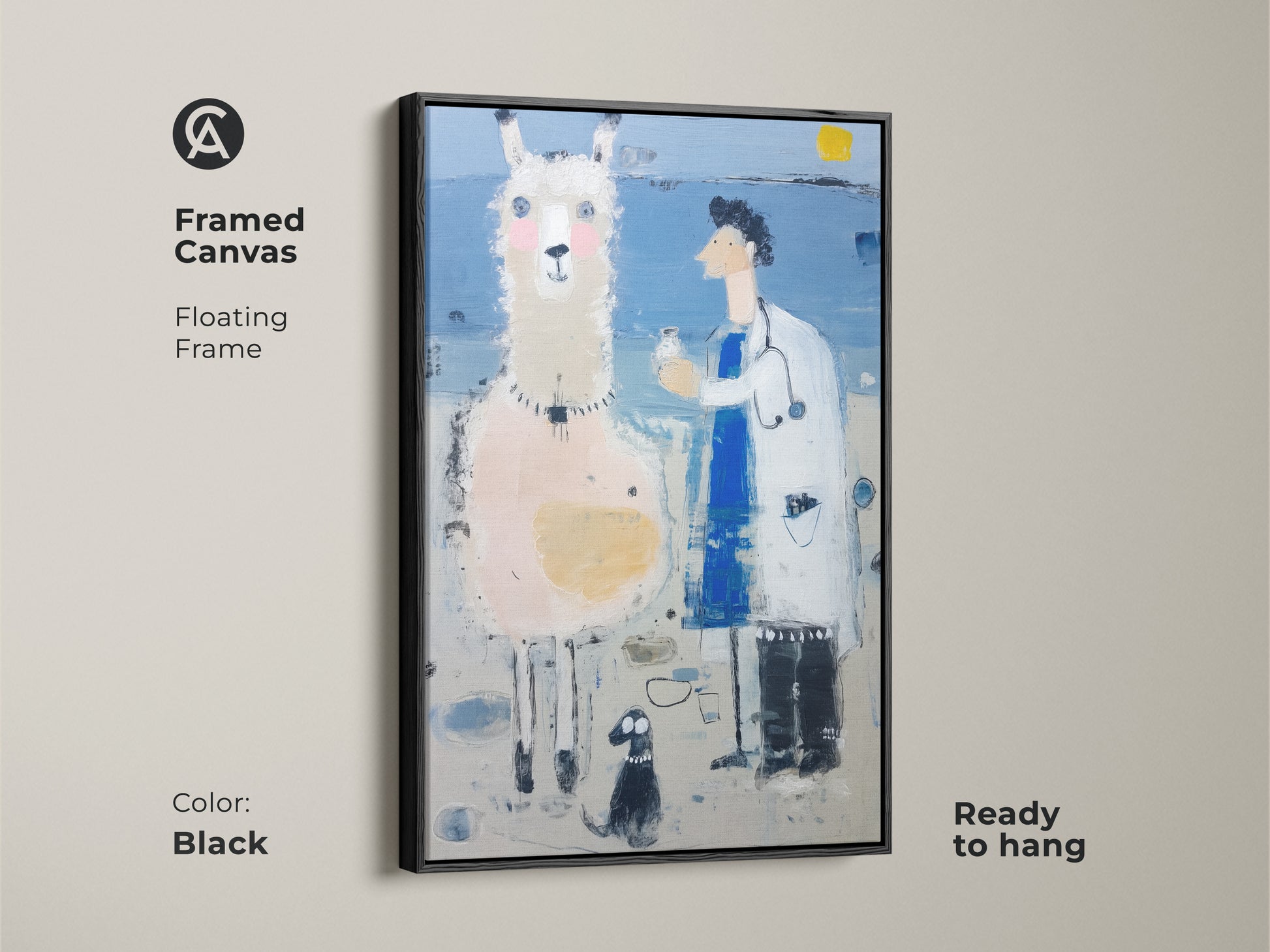 A framed canvas shows a llama consulting with a doctor. This framed canvas has a floating black frame. It is ready to hang in any room. The light blue and white canvas will look great as eclectic home decor.