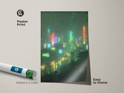 Poster print of a neon cityscape. The artwork is rolled in a tube for easy framing. This museum-quality paper ensures vibrant colors. The rainy scene captures the energy of a modern city. A perfect addition to any art collection.