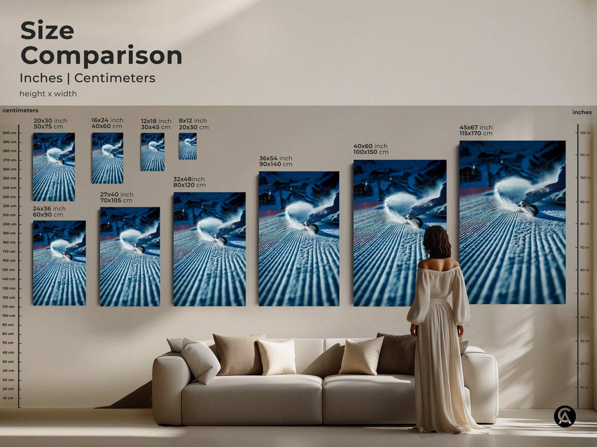 Size comparison of our snowboarder art prints in inches and centimeters. Visualize the artwork in different sizes. See how it fits above a sofa. Find the perfect scale for your space. Available in various sizes.