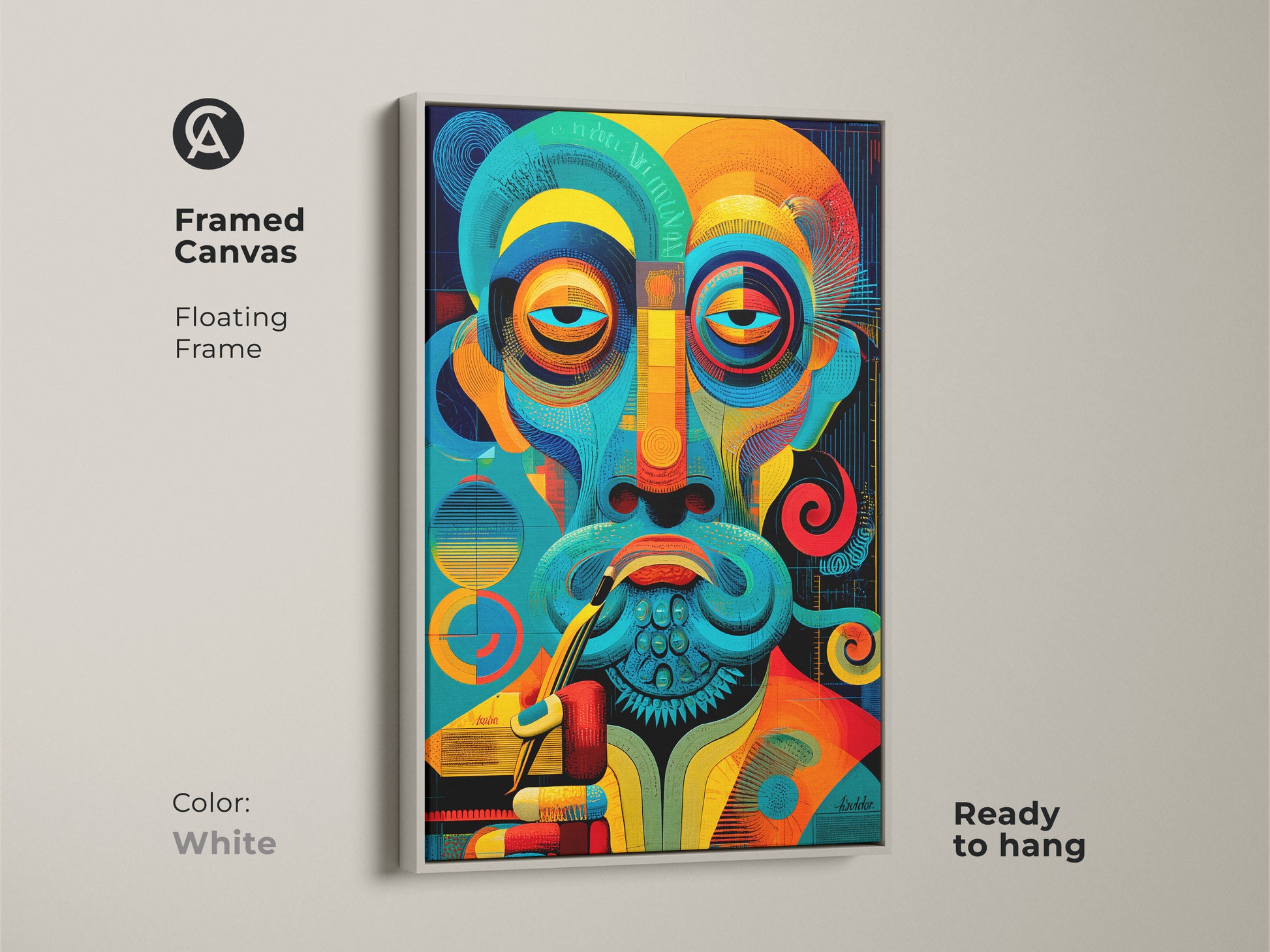 Framed canvas featuring an abstract man with a white floating frame. The teal blue and orange artwork is ready to hang. A unique and modern art piece for any space.