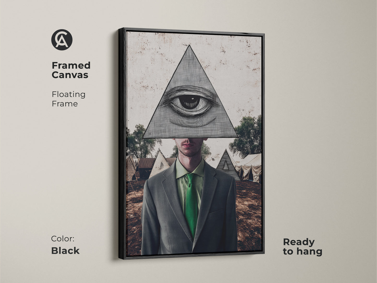 Black framed canvas of a Pyramid Man art print. This surrealist collage art is symbolic artwork in green grey brown. Perfect for eclectic study decor ready to hang on your wall.