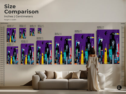 Size comparison inches centimeters height and width. See various sizes of this canvas next to a sofa and a person. Find the perfect size for surreal bird cityscape art.