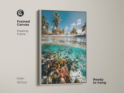 Framed canvas print of a split view tropical beach. The artwork includes palm trees and a coral reef. The floating frame is white. Coastal wall decor is ready to hang. This ocean scene artwork brings a touch of paradise to any room. Perfect for beach lovers.