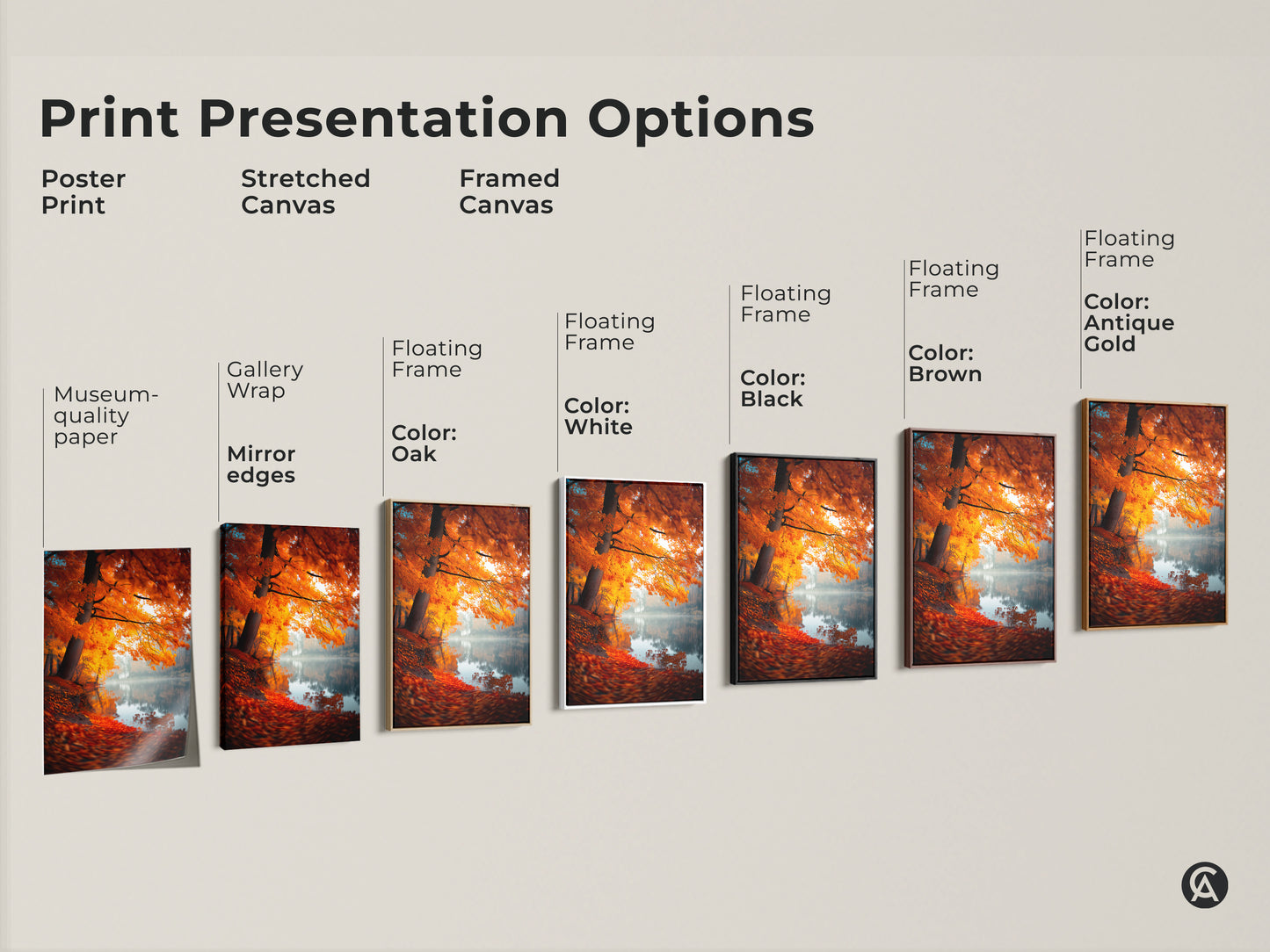 Explore print presentation options for autumn lake artwork. Choose from poster prints stretched canvas and framed canvas. Customize your art with various floating frame colors. Find museum-quality paper and gallery wraps here.