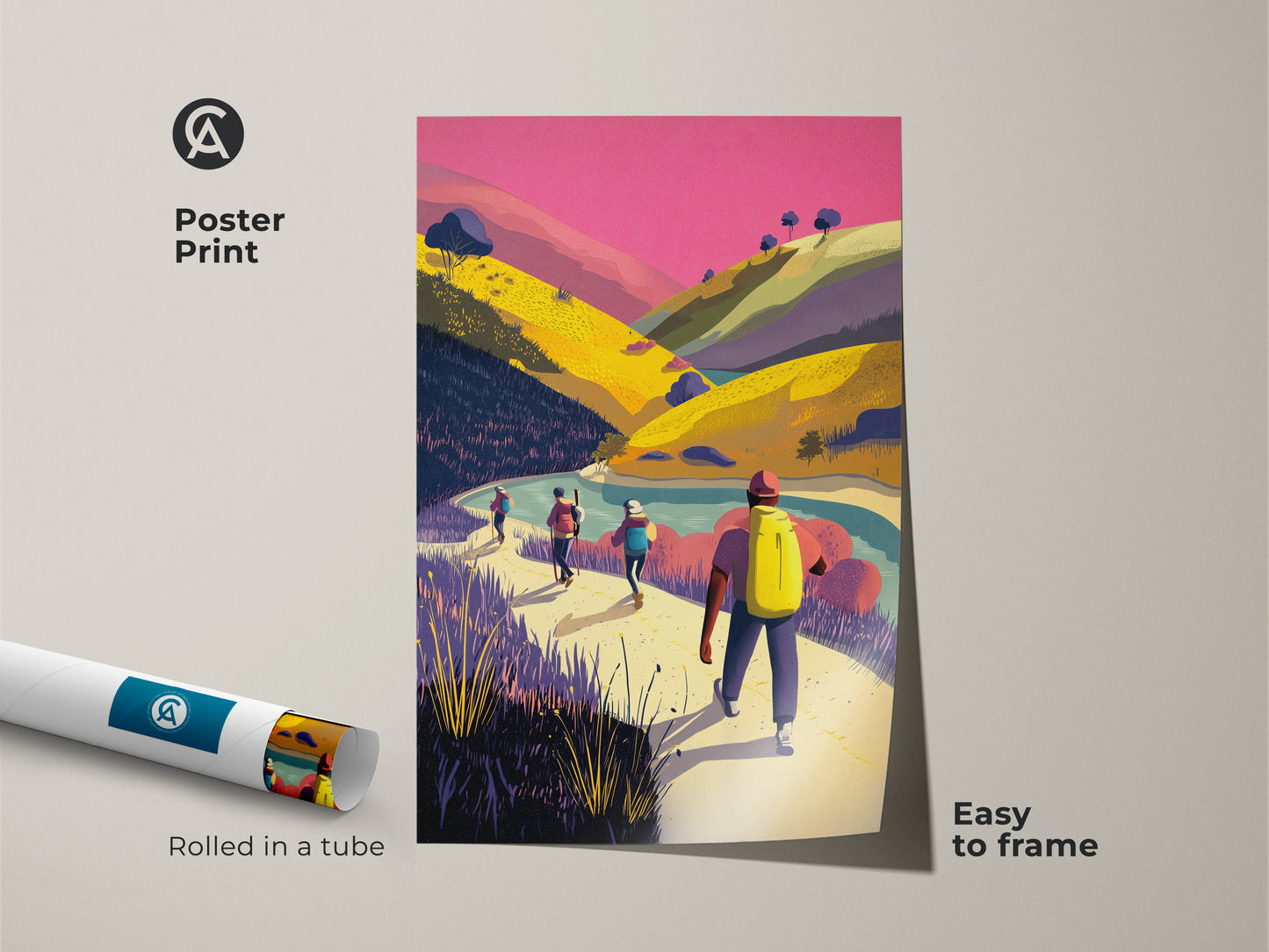 Poster print of hikers in a mountain landscape rolled in a tube. This adventure travel print is easy to frame. The pink yellow and green artwork captures a scenic nature decor. Perfect wanderlust wall decor for bedroom living room or home office. It makes a great gift for mountain lovers and outdoor enthusiasts.