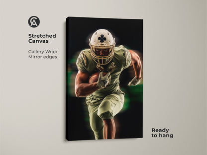 Stretched Canvas featuring an American Football player. The gallery wrap and mirror edges enhance this modern sports artwork. Ready to hang this art is perfect for a man cave or office.