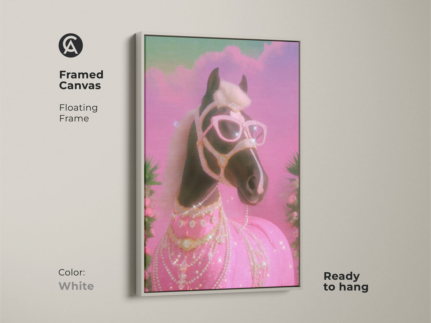 Framed Canvas featuring a Glam Horse with a white floating frame. This quirky animal print brings a pop of color to any room. The pink teal horse print is a Y2K horse canvas. It is ready to hang. Ideal for eclectic decor and horse art enthusiasts.