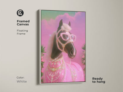 Framed Canvas featuring a Glam Horse with a white floating frame. This quirky animal print brings a pop of color to any room. The pink teal horse print is a Y2K horse canvas. It is ready to hang. Ideal for eclectic decor and horse art enthusiasts.