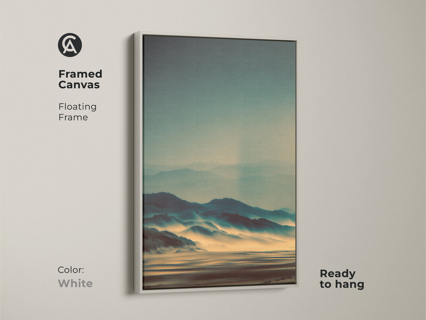Framed canvas art with a floating frame in white. The artwork features a misty mountain landscape. This ready-to-hang piece offers a clean modern look. Its serene view enhances any room. The subtle colors create a calming atmosphere in your space.